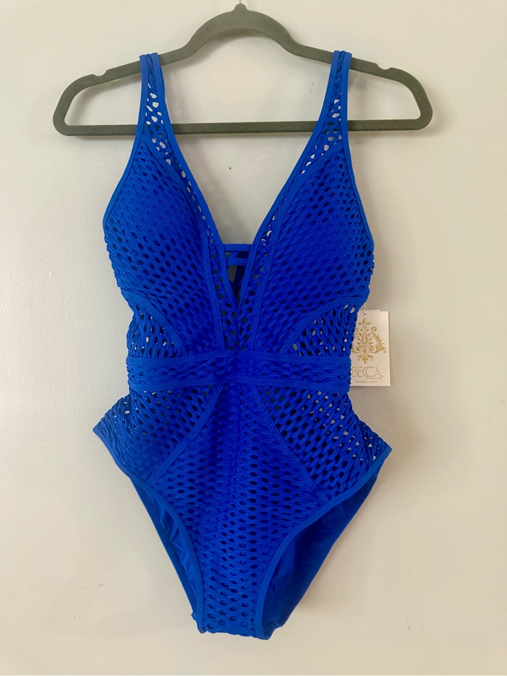 NWT BECCA Castaway Plunge Fishnet One-Piece Swimsuit - Royal Blue Size Medium